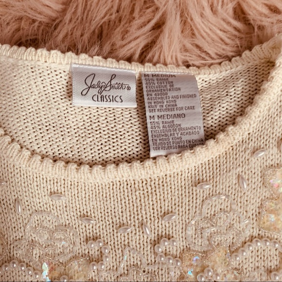 Grandma Cream Sequin Sparkily Shoulder Pad Long Sleeve Sweater - Picture 3 of 4